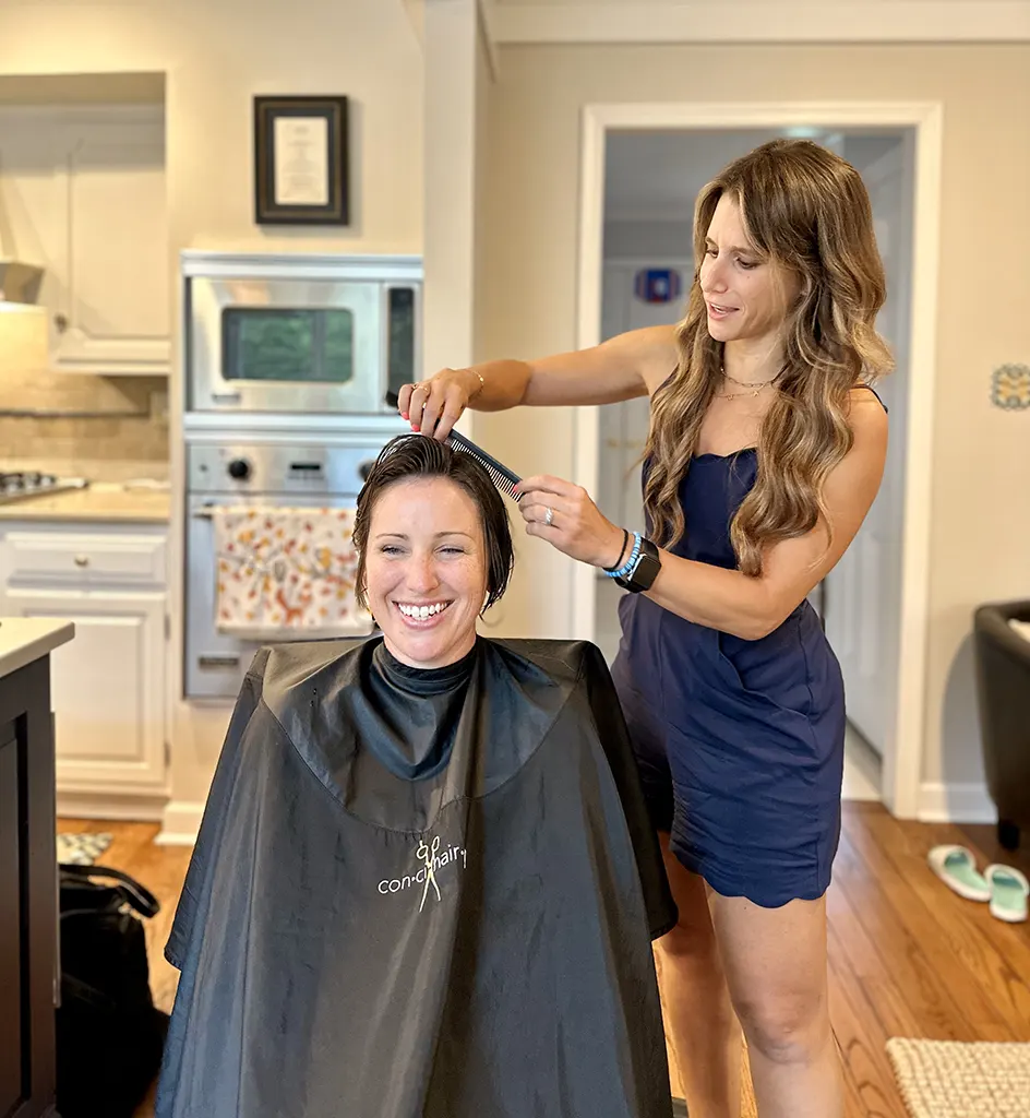 Jenna Messerschmidt, a top Concihairge stylist, providing in-home haircuts, keratin treatments, and custom hair extensions in the Main Line area